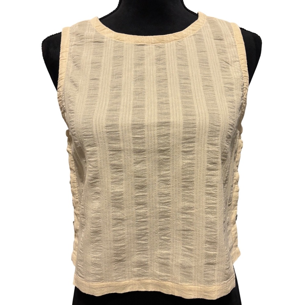 AMO Tank Top Women S Cream Textured Side Button Seersucker Shell
